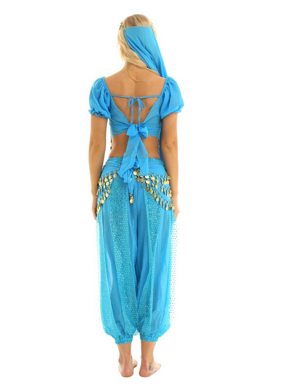 Women 4Pcs Belly Dance Puff Sleeve Sequin Crop Top with Pants Sets thumb