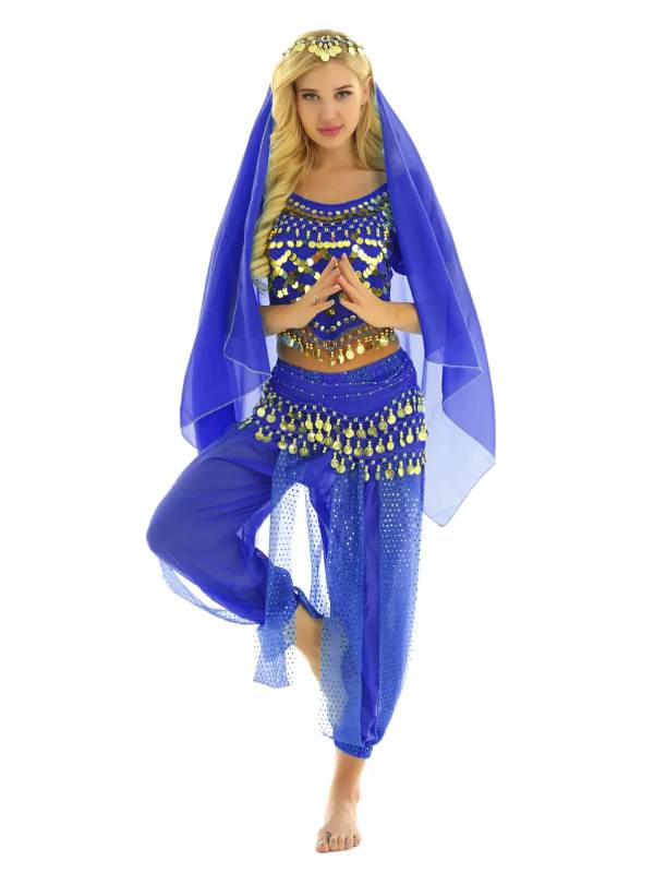 Women 4Pcs Belly Dance Puff Sleeve Sequin Crop Top with Pants Sets thumb