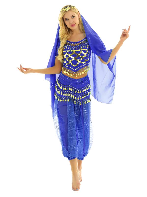 Women 4Pcs Belly Dance Puff Sleeve Sequin Crop Top with Pants Sets thumb