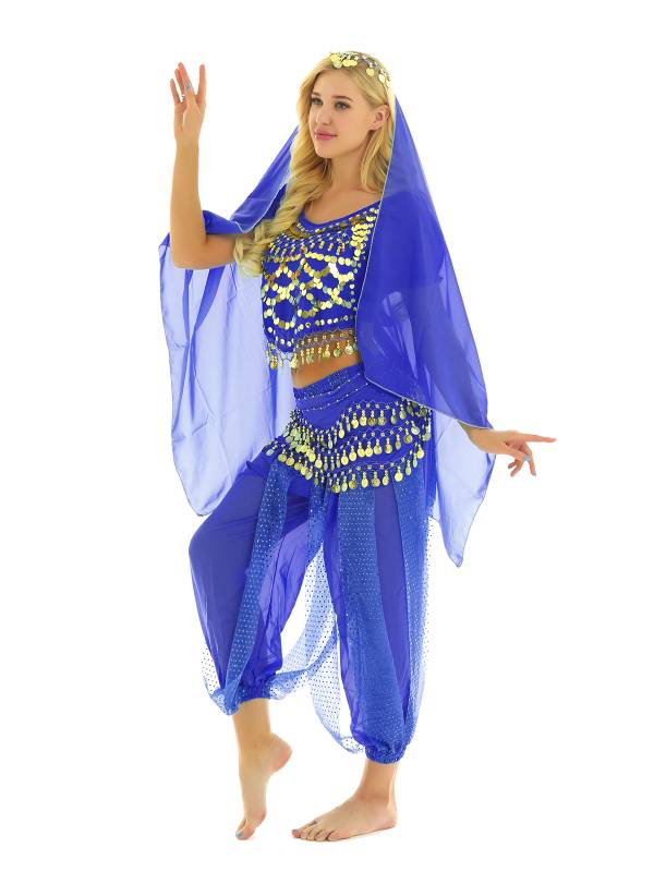Women 4Pcs Belly Dance Puff Sleeve Sequin Crop Top with Pants Sets thumb