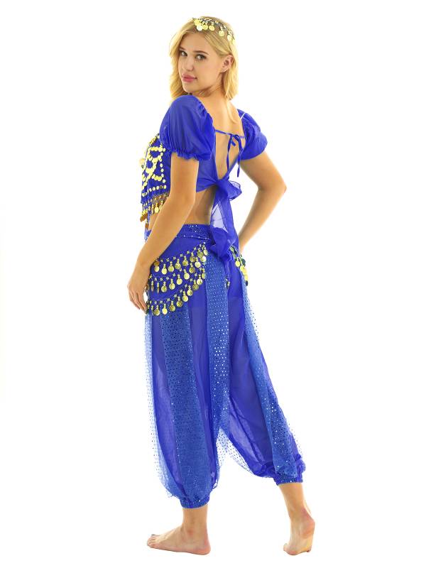 Women 4Pcs Belly Dance Puff Sleeve Sequin Crop Top with Pants Sets thumb