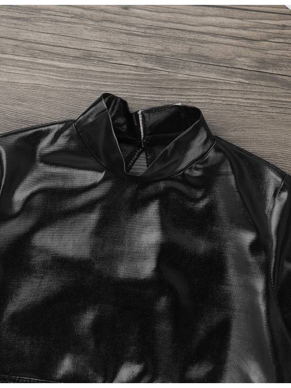 Kids Girls Long Sleeves Mock Neck Glossy Metallic Dance Crop Top thumb