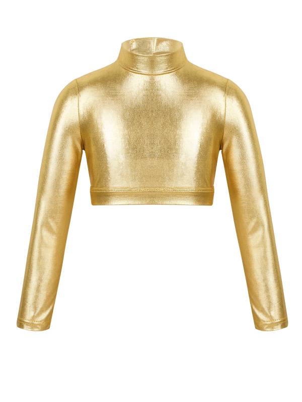 Kids Girls Long Sleeves Mock Neck Glossy Metallic Dance Crop Top thumb