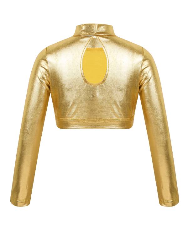 Kids Girls Long Sleeves Mock Neck Glossy Metallic Dance Crop Top thumb