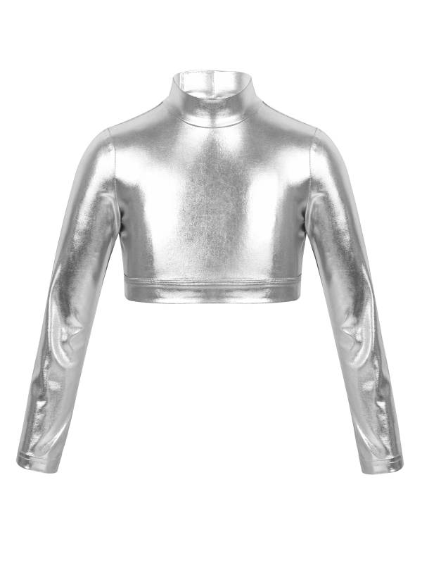 Kids Girls Long Sleeves Mock Neck Glossy Metallic Dance Crop Top thumb