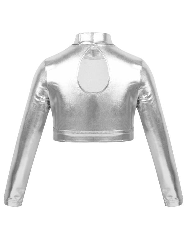 Kids Girls Long Sleeves Mock Neck Glossy Metallic Dance Crop Top thumb