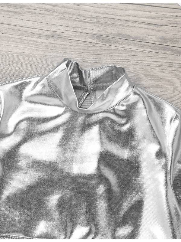 Kids Girls Long Sleeves Mock Neck Glossy Metallic Dance Crop Top thumb