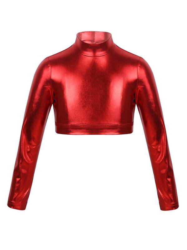 Kids Girls Long Sleeves Mock Neck Glossy Metallic Dance Crop Top thumb
