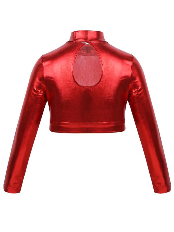 Kids Girls Long Sleeves Mock Neck Glossy Metallic Dance Crop Top thumb