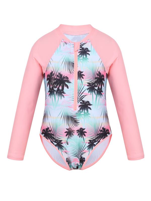 Kids Girls One-piece Long Sleeves Floral Printed Rash Guard Swimsuit thumb