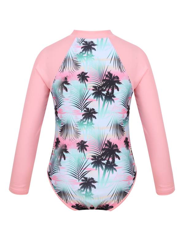 Kids Girls One-piece Long Sleeves Floral Printed Rash Guard Swimsuit thumb