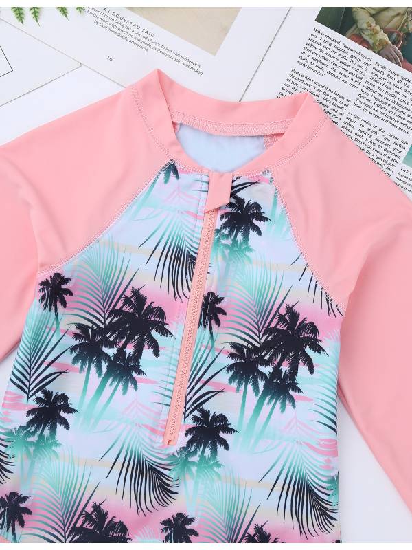 Kids Girls One-piece Long Sleeves Floral Printed Rash Guard Swimsuit thumb