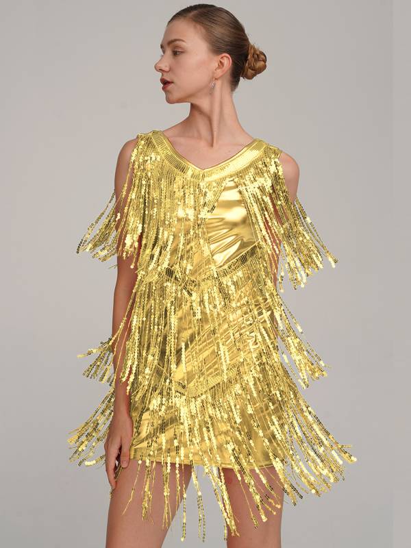 Women Sleeveless Sequin Tassels Ballroom Latin Dance Dress thumb