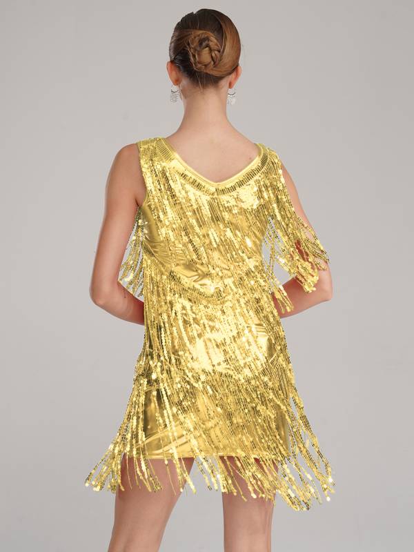 Women Sleeveless Sequin Tassels Ballroom Latin Dance Dress thumb