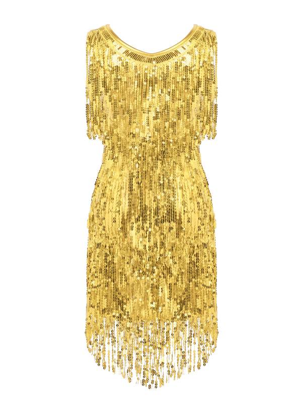Women Sleeveless Sequin Tassels Ballroom Latin Dance Dress thumb