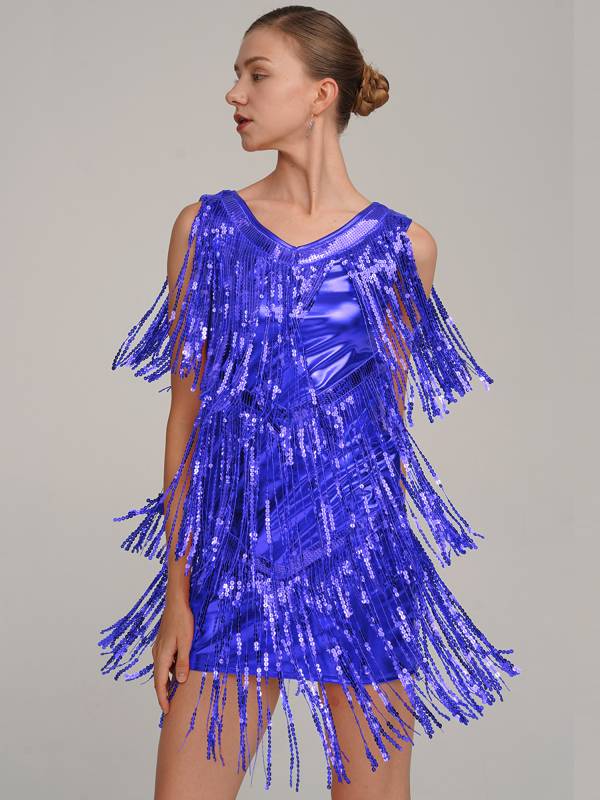 Women Sleeveless Sequin Tassels Ballroom Latin Dance Dress thumb