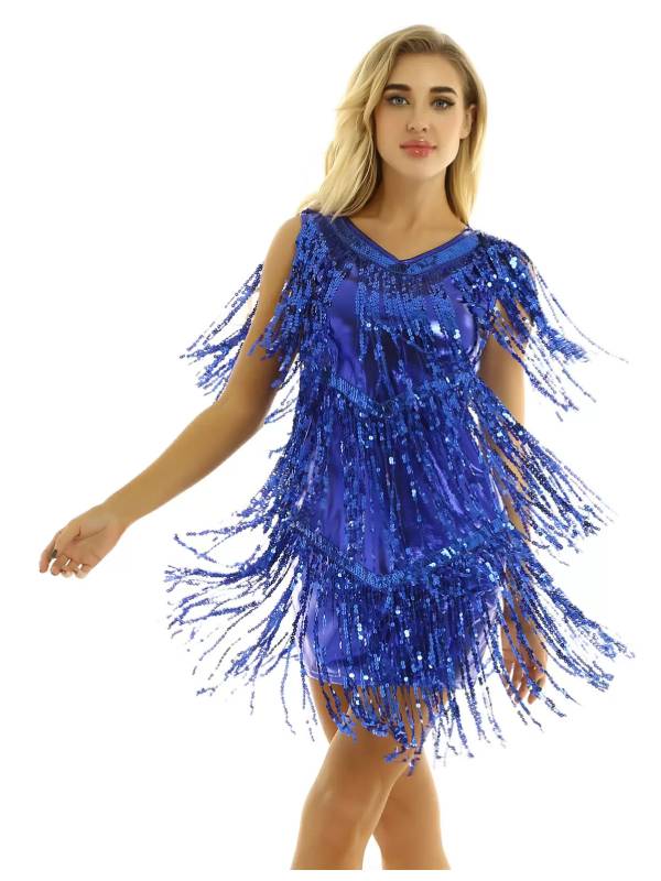 Women Sleeveless Sequin Tassels Ballroom Latin Dance Dress thumb