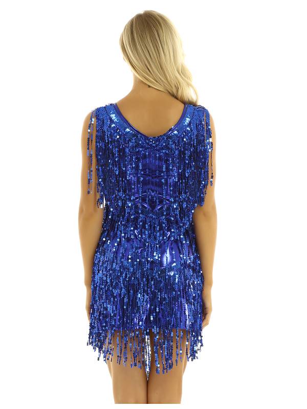 Women Sleeveless Sequin Tassels Ballroom Latin Dance Dress thumb