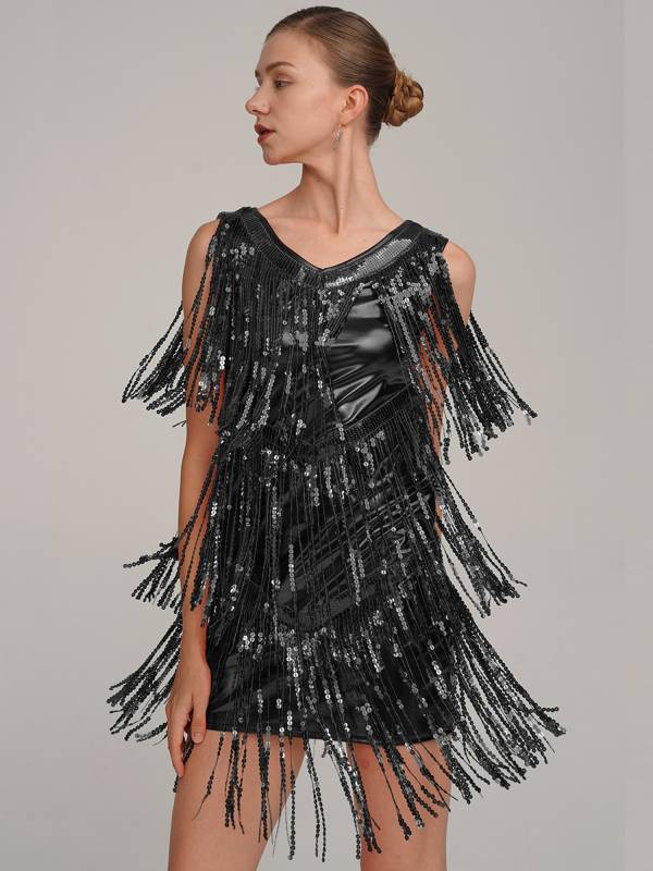 Women Sleeveless Sequin Tassels Ballroom Latin Dance Dress thumb