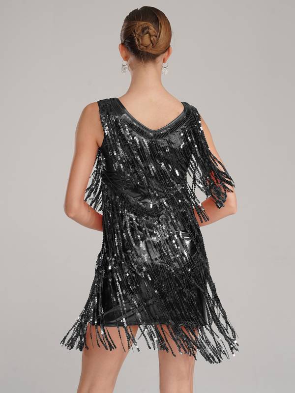 Women Sleeveless Sequin Tassels Ballroom Latin Dance Dress thumb