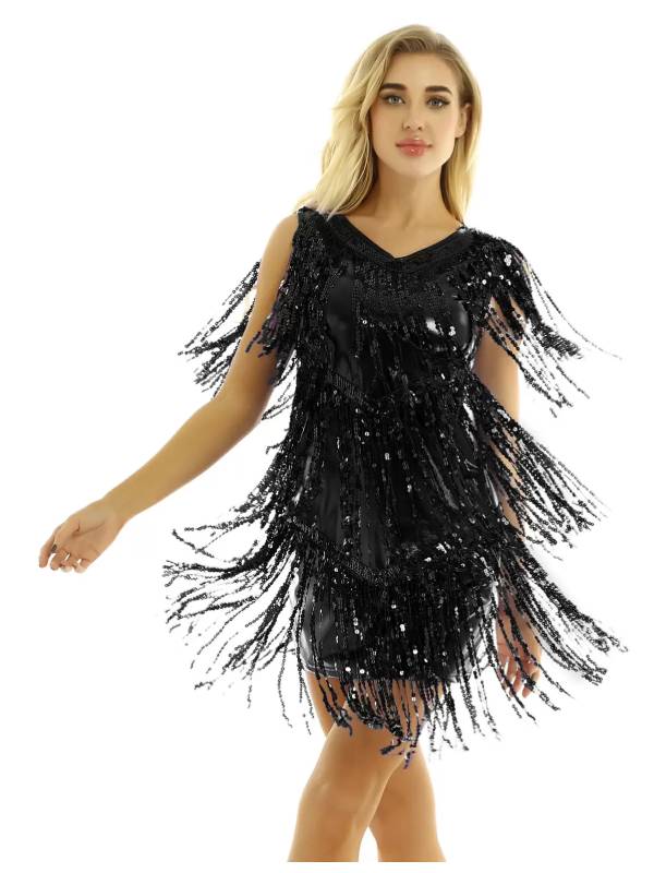 Women Sleeveless Sequin Tassels Ballroom Latin Dance Dress thumb
