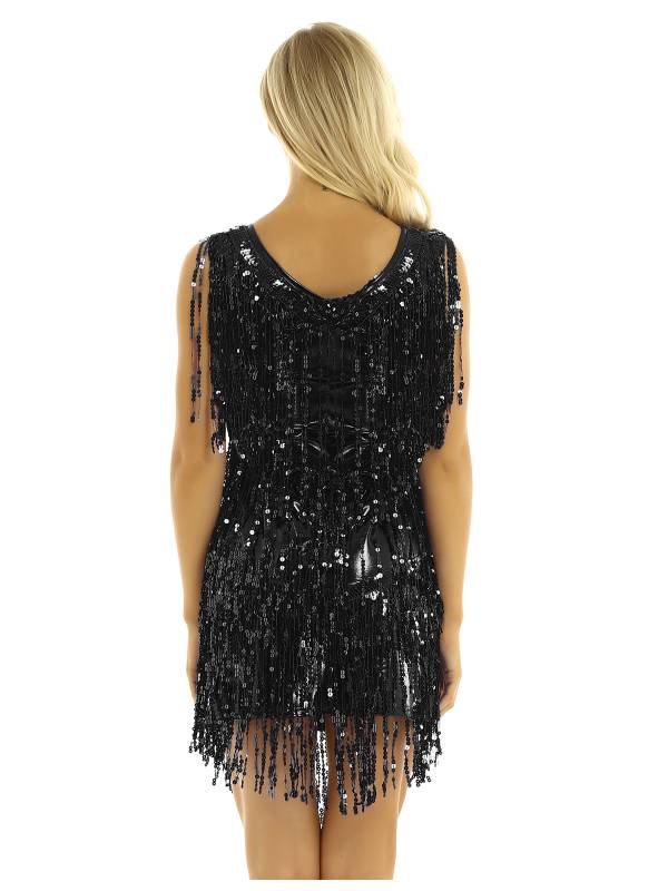 Women Sleeveless Sequin Tassels Ballroom Latin Dance Dress thumb