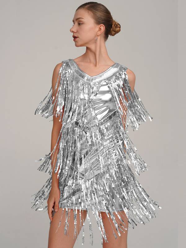 Women Sleeveless Sequin Tassels Ballroom Latin Dance Dress thumb