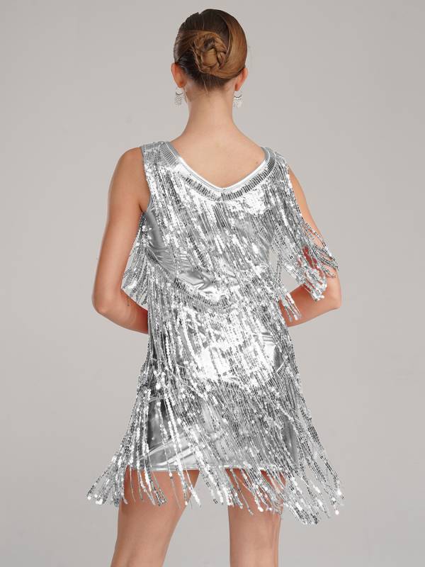 Women Sleeveless Sequin Tassels Ballroom Latin Dance Dress thumb