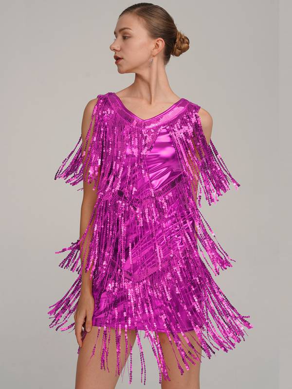 Women Sleeveless Sequin Tassels Ballroom Latin Dance Dress thumb