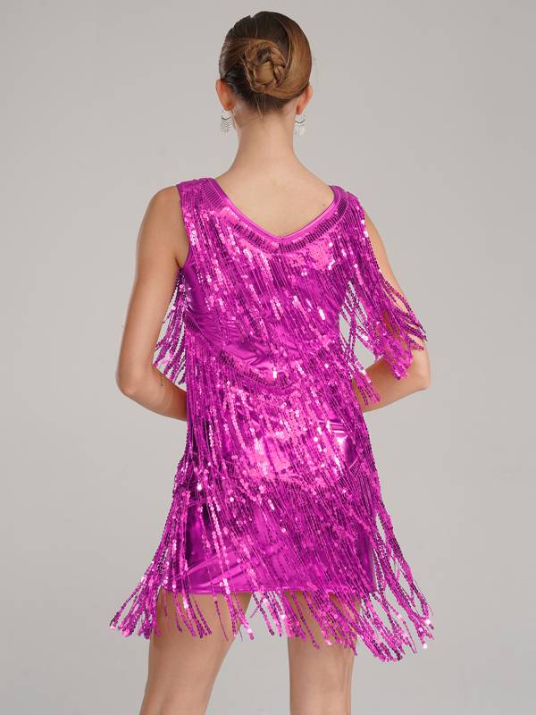Women Sleeveless Sequin Tassels Ballroom Latin Dance Dress thumb