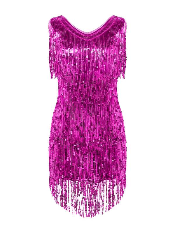 Women Sleeveless Sequin Tassels Ballroom Latin Dance Dress thumb