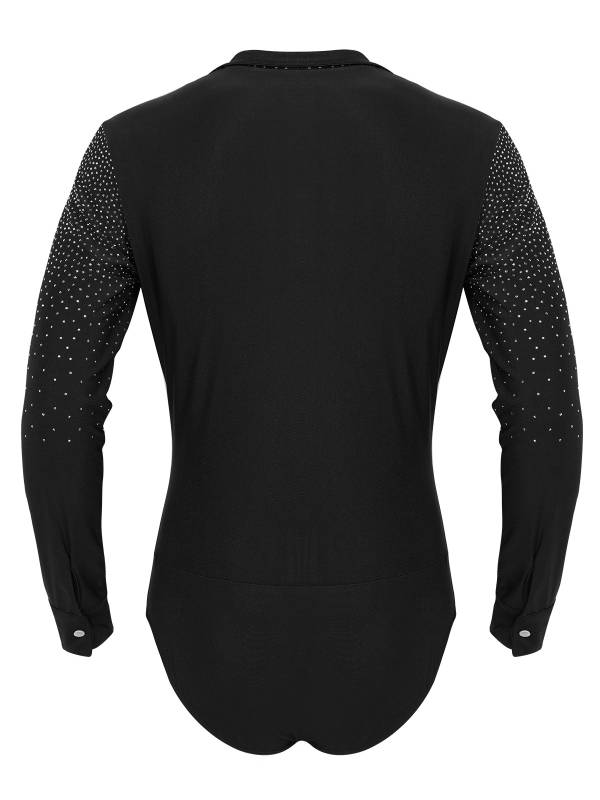 Men Shiny Rhinestones V-neck Long Sleeve Latin Dance Shirt Leotard thumb