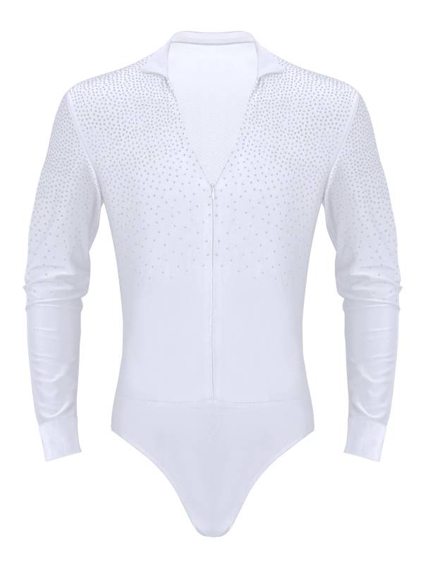 Men Shiny Rhinestones V-neck Long Sleeve Latin Dance Shirt Leotard thumb