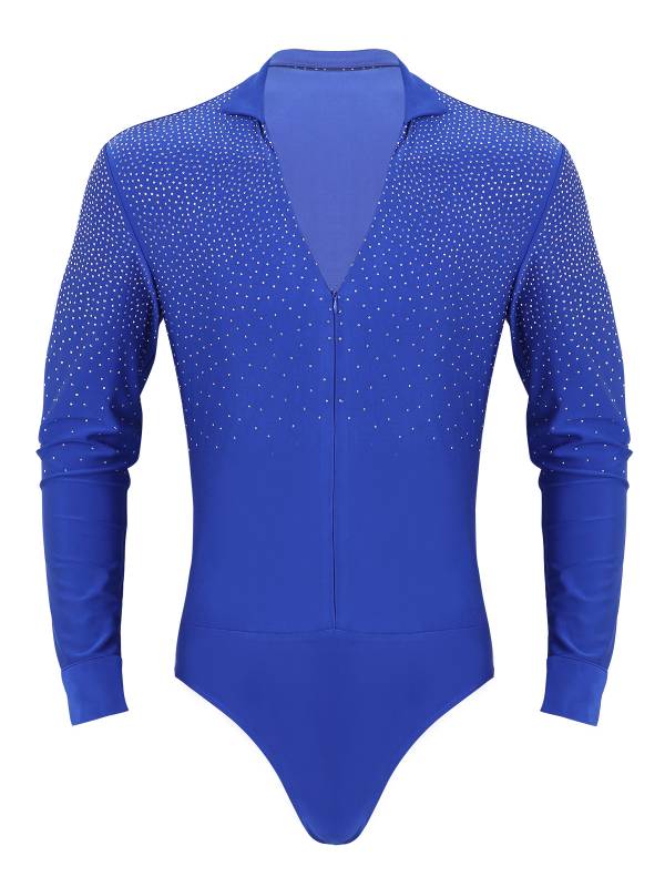 Men Shiny Rhinestones V-neck Long Sleeve Latin Dance Shirt Leotard thumb