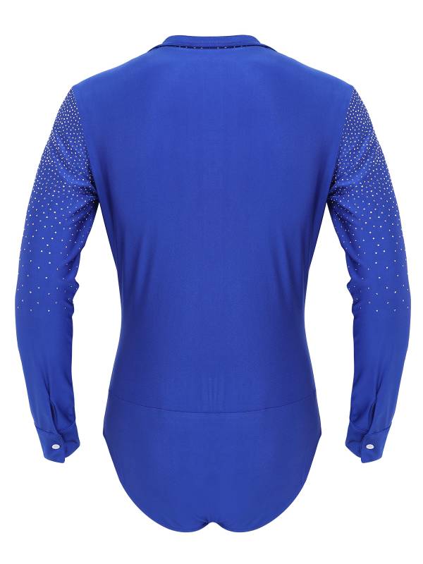 Men Shiny Rhinestones V-neck Long Sleeve Latin Dance Shirt Leotard thumb