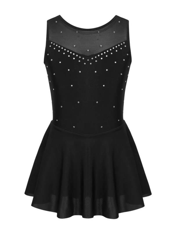 Kids Girls Sleeveless Sparkly Rhinestone Tulle Skating Leotard Dress thumb