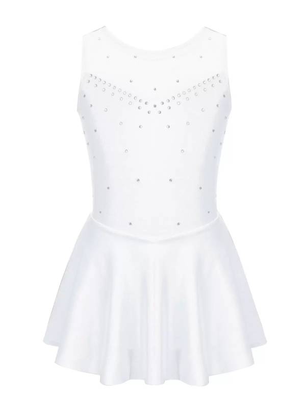 Kids Girls Sleeveless Sparkly Rhinestone Tulle Skating Leotard Dress thumb