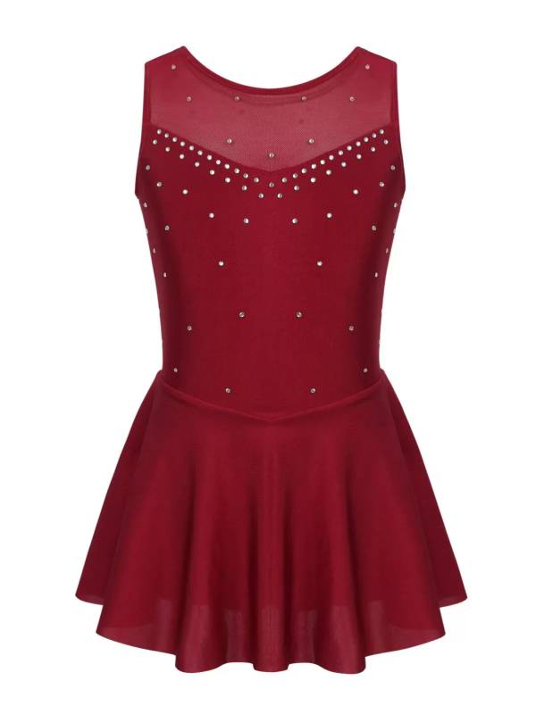 Kids Girls Sleeveless Sparkly Rhinestone Tulle Skating Leotard Dress thumb