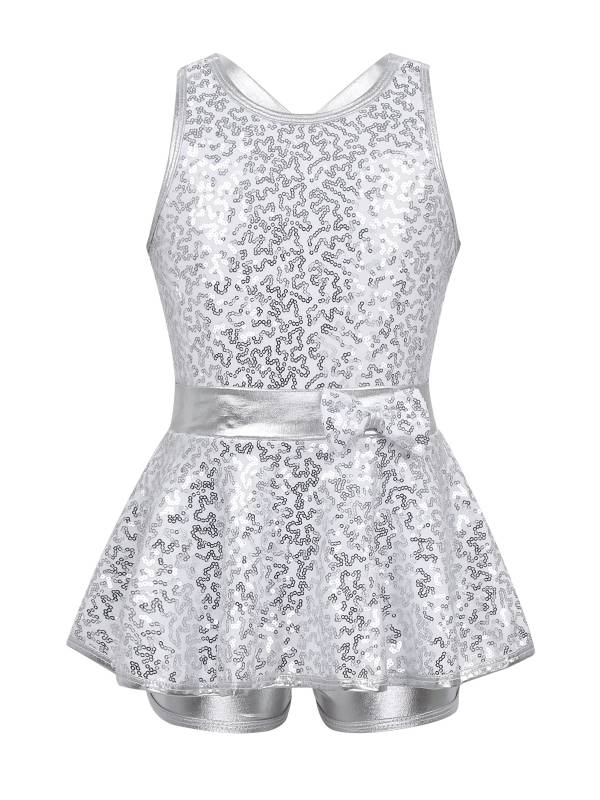 Kids Girls Backless Sequined Bowknot Jazz Tap Dance Leotard Dress thumb