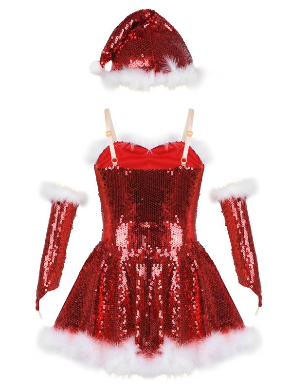 Kids Girls Christmas Straps Sequins Twirl Skating Dress with Hat and Arm Sleeves thumb