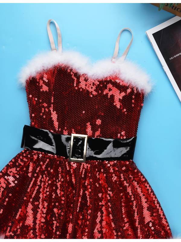 Kids Girls Christmas Straps Sequins Twirl Skating Dress with Hat and Arm Sleeves thumb
