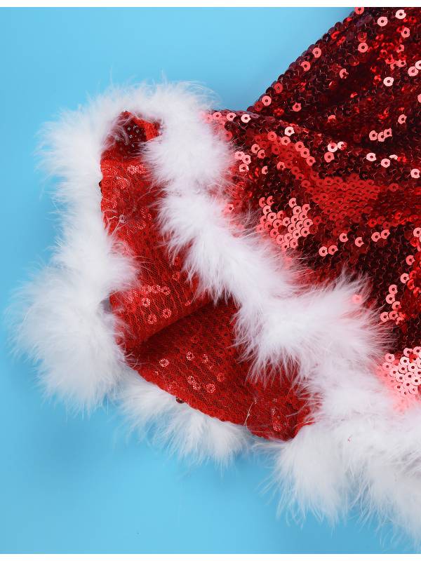 Kids Girls Christmas Straps Sequins Twirl Skating Dress with Hat and Arm Sleeves thumb