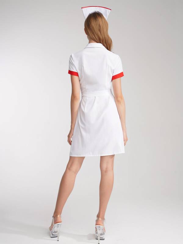 Women Lapel Collar Short Sleeve Dress Nurse Fancy Dress Costume Outfit thumb
