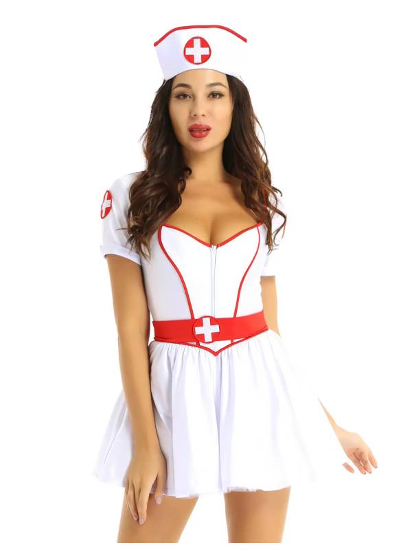 Women Short Sleeves Tutu Dress Nurse Costume Halloween Outfit thumb