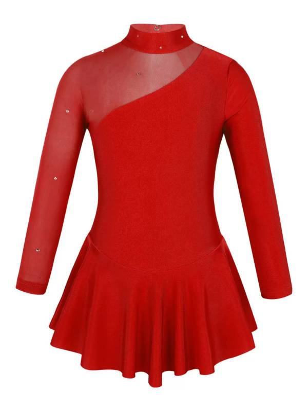 Kids Girls Long Sleeves Tulle Ice Skating Roller Skating Leotard Dress thumb