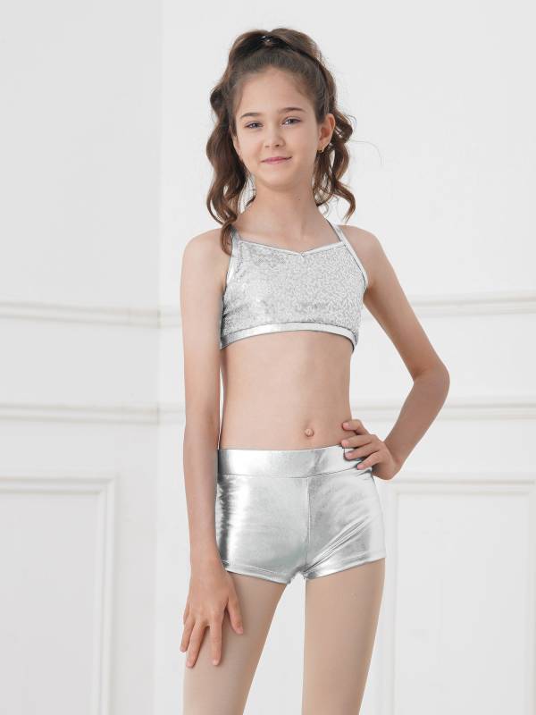 Kids Girls 2pcs Sequins Tank Top and Shorts Jazz Dance Sets thumb