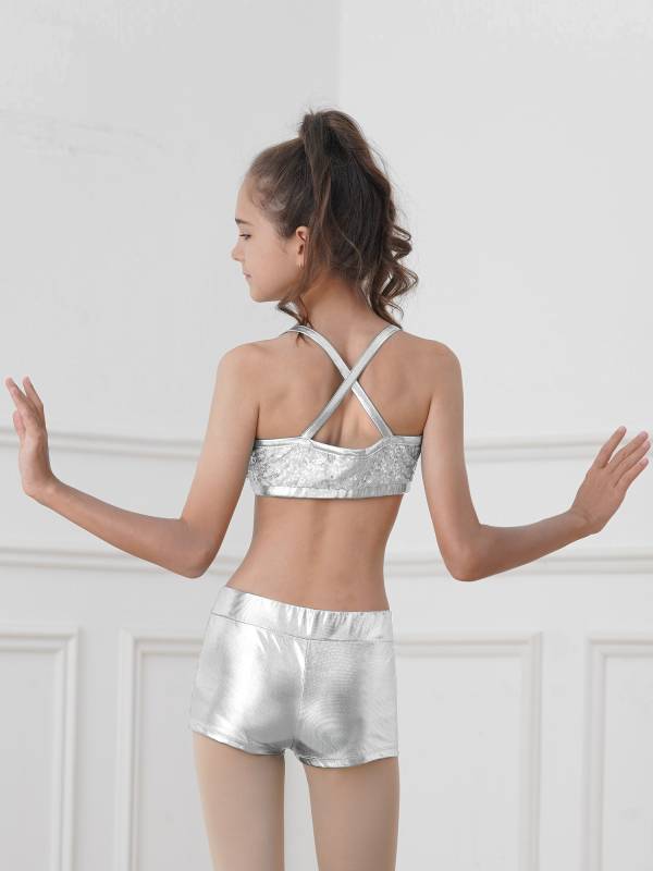 Kids Girls 2pcs Sequins Tank Top and Shorts Jazz Dance Sets thumb