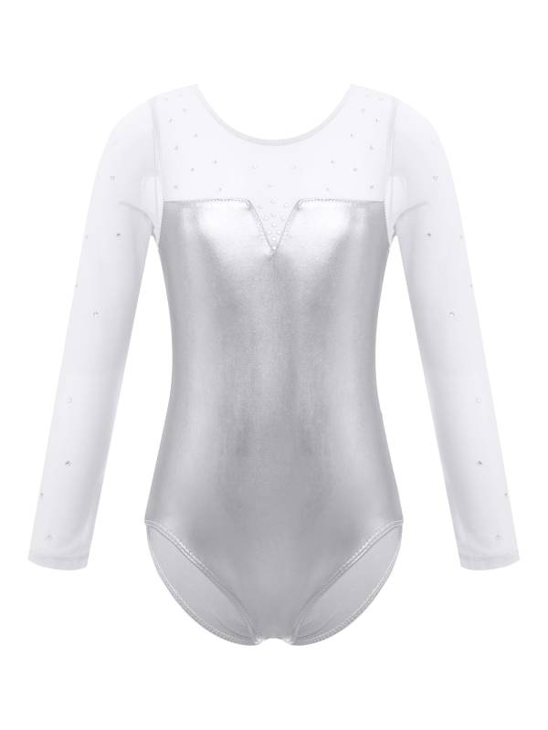 Kids Girls Long Sleeve Rhinestone Decor Metallic Gymnastics Leotard thumb