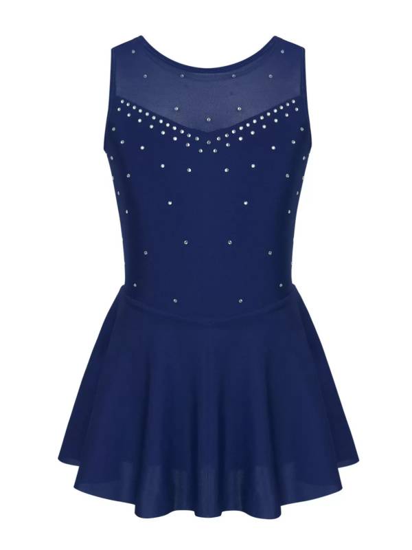 Kids Girls Sleeveless Sparkly Rhinestone Tulle Skating Leotard Dress thumb