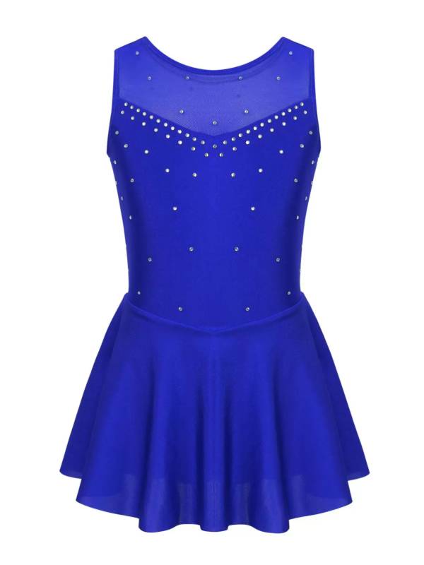 Kids Girls Sleeveless Sparkly Rhinestone Tulle Skating Leotard Dress thumb